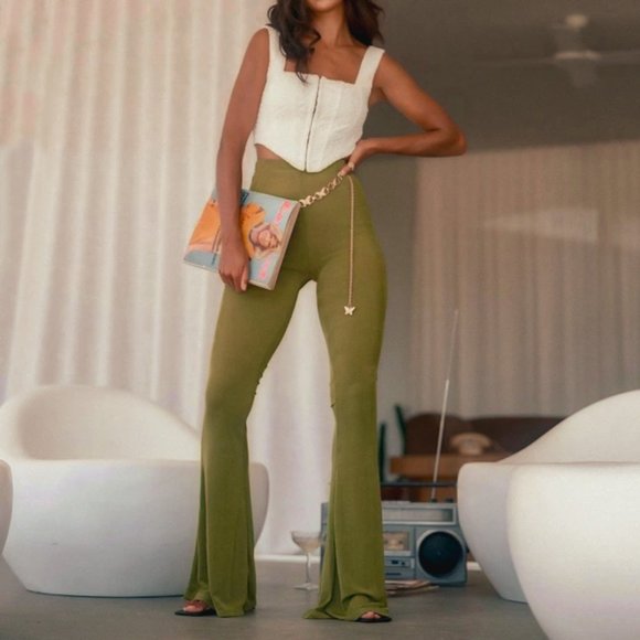 Hottie Couture Women's Green Stretchy High Waisted Flared Leg Pant - Picture 1 of 10